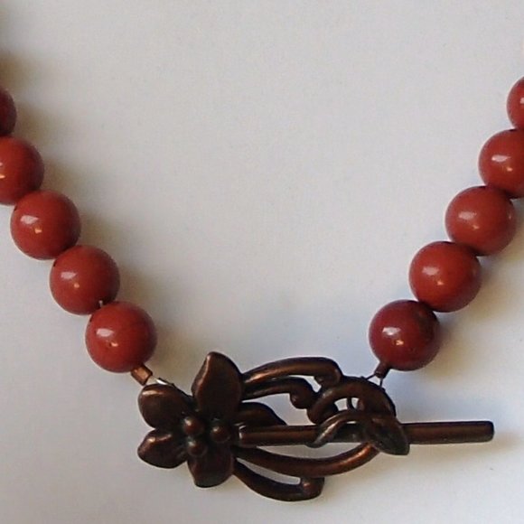 Jasper Unakite Copper Necklace Earrings Set Overlapping Discs Beads Flower Clasp - Picture 10 of 11